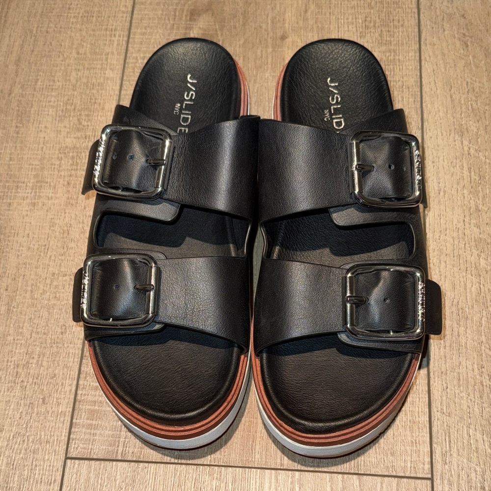 J/SLIDE Bowie Black Double Buckle Platform Slide Sandals